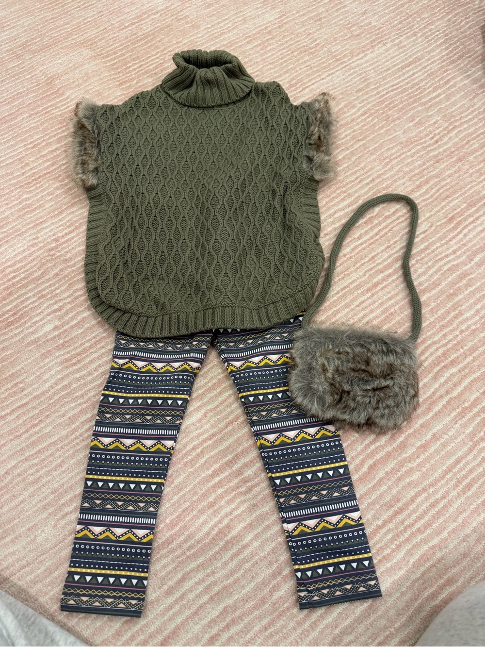Girls Olive Knit Turtleneck Poncho with Fur Trim